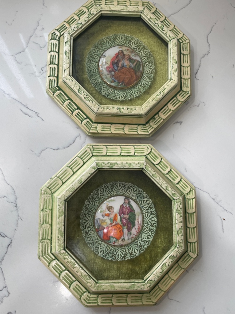 Vintage Green Courtio Couples, Octagonal Decorative Wall Plaques